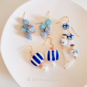 Porcelain earrings with pearl etc, Porcelain earrings,Ceramic earrings, Blue earrings, Dangle earrings, Long drop earrings, Beaded earrings
