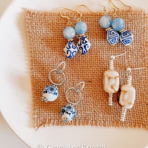 Blue/Cream Porcelain dangle earrings,Porcelain earrings,Ceramic earrings, Dangle earrings,Blue White Floral, Cream earrings