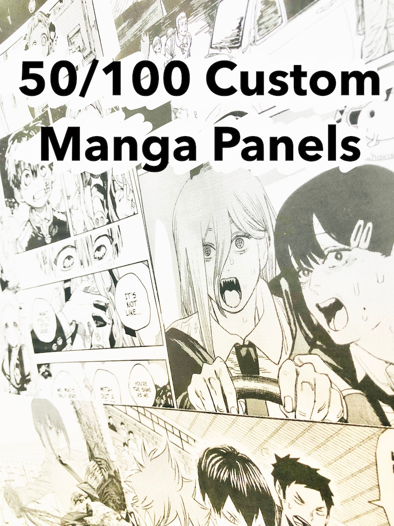 Peut inclure: Un assemblage de planches de manga en noir et blanc, avec le texte "50/100 Custom Manga Panels". Les planches pr&eacute;sentent des personnages de manga avec des expressions expressives et des bulles de dialogue.