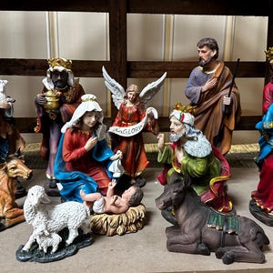 Hand-Painted Nativity Set: Modern Multicolor Nativity Scene, 11 Piece Polyresin Christmas Decor