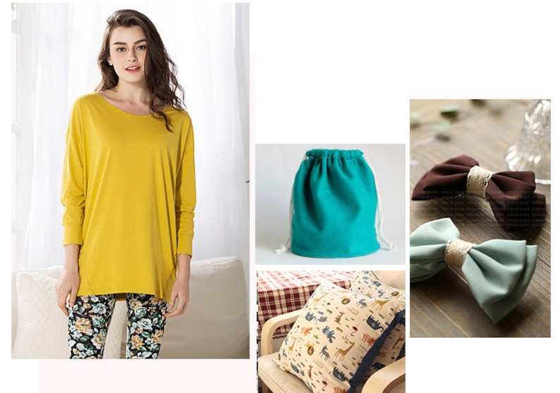 May include: A yellow long-sleeved shirt, floral leggings, a turquoise drawstring bag, a pillow with a safari animal print, and two fabric bows, one brown and one light green.