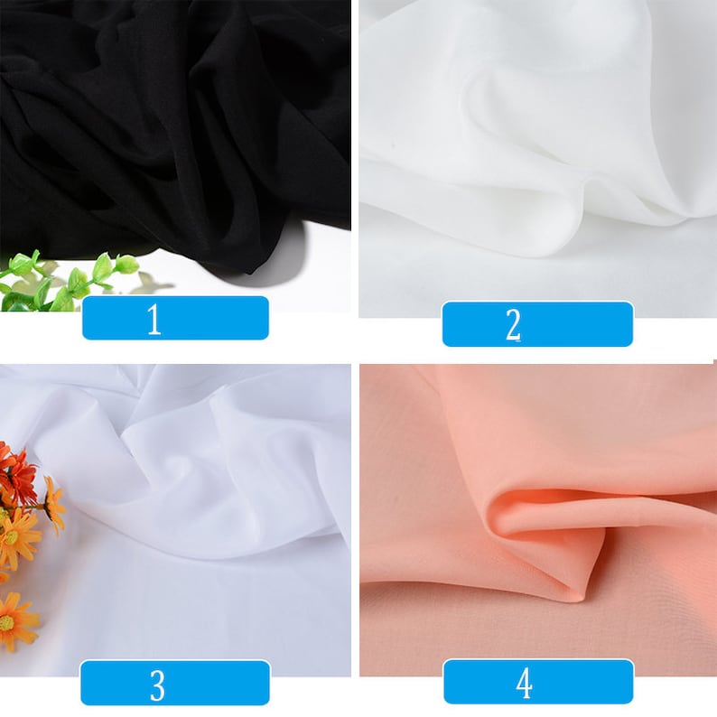 May include: Four fabric swatches in different colors: black, white, white, and peach. The swatches are arranged in a grid pattern with numbers 1 through 4 below each swatch.