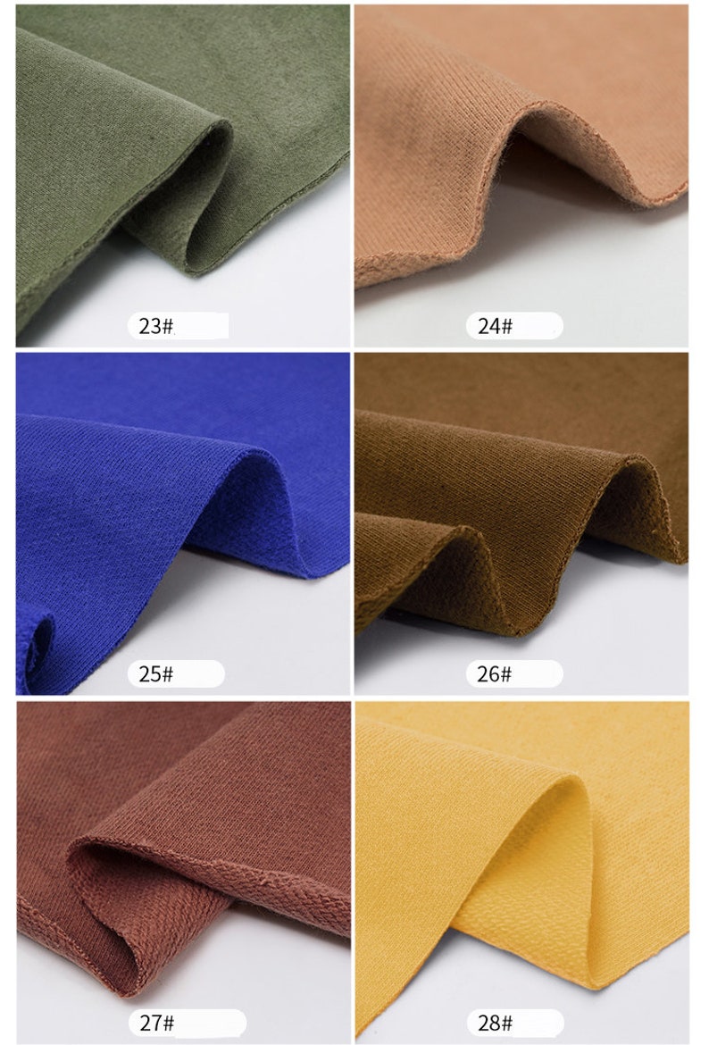 May include: Close-up of six fabric swatches in different colors. The swatches are folded in half and show the texture of the fabric. The colors are: olive green, light brown, royal blue, dark brown, maroon, and yellow.