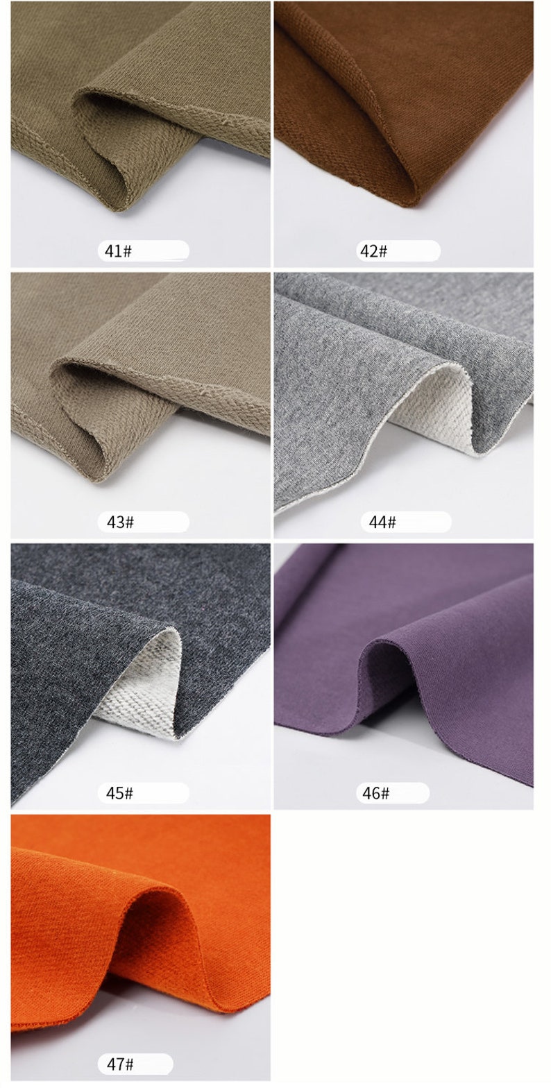 May include: A collection of fabric swatches in various colors, including brown, gray, purple, and orange. Each swatch is folded in half to show the inside and outside of the fabric. The swatches are labeled with numbers 41 through 47.