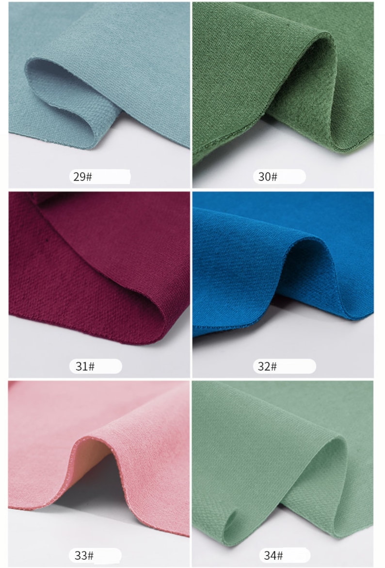 May include: Six fabric swatches in different colors, including light blue, green, burgundy, blue, pink, and sage green. Each swatch is labeled with a number, from 29 to 34.
