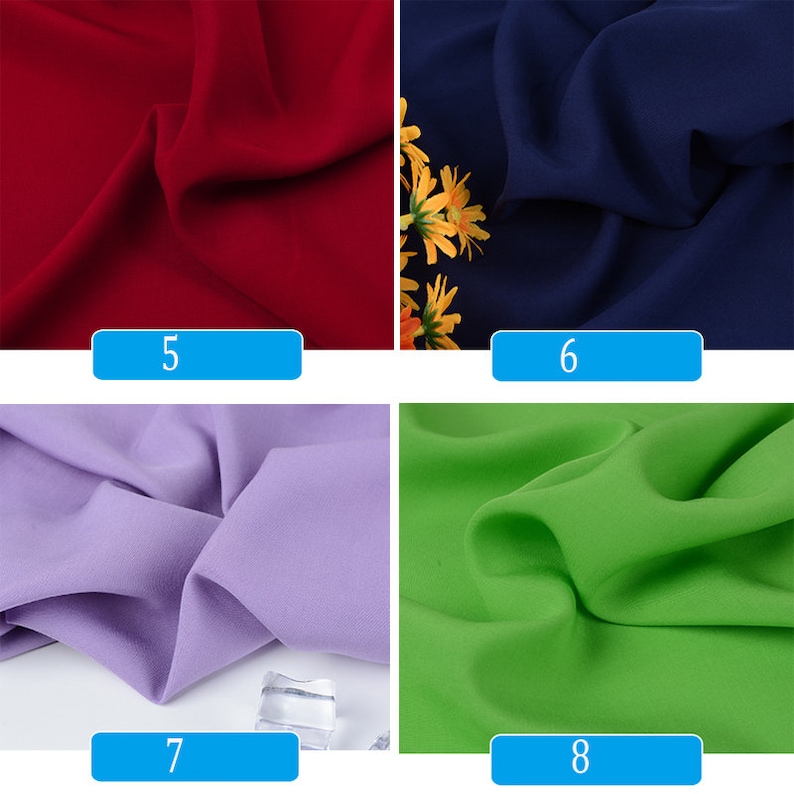 May include: Four fabric swatches in different colors: red, navy blue, lavender, and green. The swatches are arranged in a grid with numbers 5, 6, 7, and 8 below each swatch.