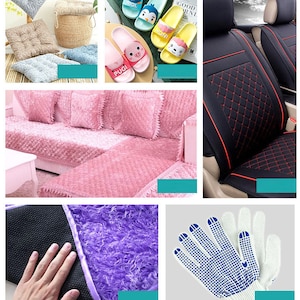 Pode incluir: Uma cole&ccedil;&atilde;o de itens de decora&ccedil;&atilde;o para casa que inclui um conjunto de almofadas de sof&aacute; de pel&uacute;cia rosa, um par de capas de assento de carro pretas e vermelhas, um par de chinelos de desenho animado coloridos e um tapete felpudo roxo com suporte preto.