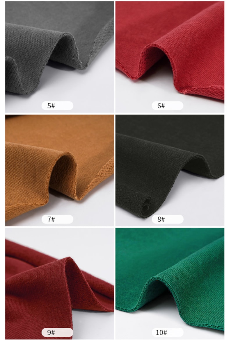May include: Close-up of six different fabric swatches in various colors, including gray, red, brown, black, burgundy, and green. Each swatch is labeled with a number, from 5 to 10.