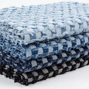 Checkerboard Tassel Jacquard Denim Fabric, Jean Fabric, Washed Denim Fabric, Heavy weight Denim Fabric, By The Half Yard