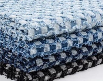 Checkerboard Tassel Jacquard Denim Fabric, Jean Fabric, Washed Denim Fabric, Heavy weight Denim Fabric, By The Half Yard