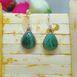 Handmade Pear Faceted Malachite Earrings: 925 Sterling Silver