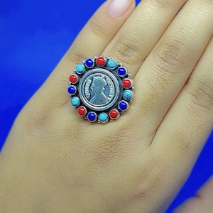 Vintage Silver Ring With Lapis Lazuli Coral And Turquoise Stone Natural Turquoise Coral Lapis Ring Victoria Queen Coin personalised gift