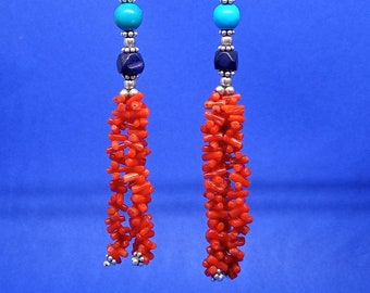 Lapis Lazuli Earrings, Lapis Lazuli Turquoise Earrings, Coral Earrings, Handmade Earrings, Sterling Silver Custom Available, Gift Present