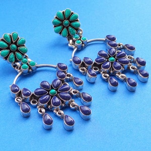 Antique Earrings Silver with Lapis Lazuli,Turquoise Earrings dangling flower earrings,Silver Turquoise dangle hook charm, boho rock Earrings