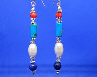 Turquoise Earring, Lapis Lazuli, Pearl And Coral Dangling Earring in 925 Sterling Silver, handmade earings, mutistone earrings