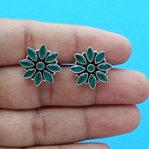 Green Onyx Sterling Silver Stud Earrings: Handmade Floral Jewelry