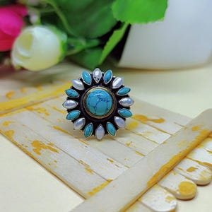 Antique Flower Pearl Ring, Antique Handmade Silver Jewelry, Pearl Ring, Turquoise Gemstone Ring, Vintage Fine Jewelry, 925 Sterling Silver