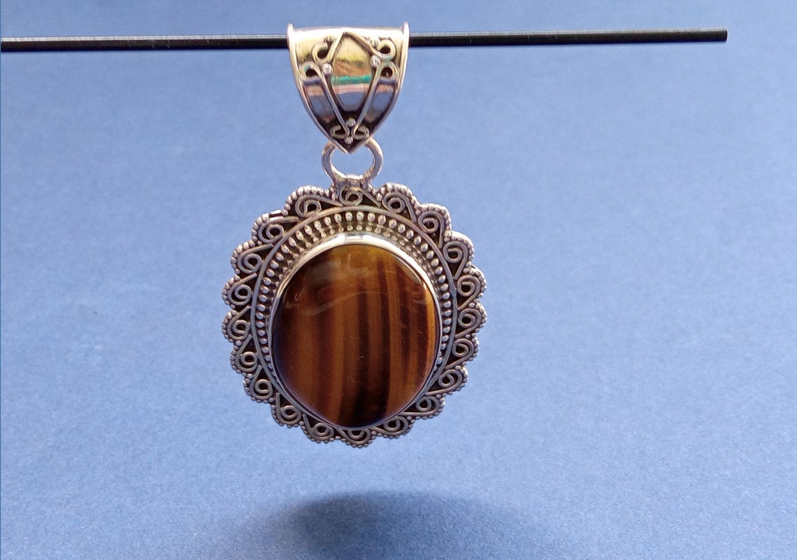 Sterling Silver Natural Tiger Eye Pendant Necklace Tiger Etsy Uk