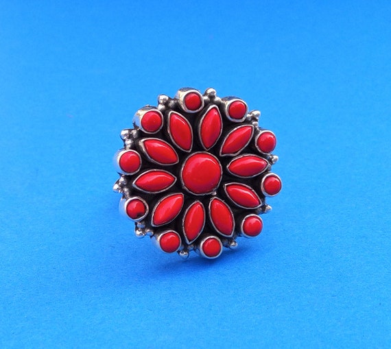 Red Coral Sterling Silver Ring: Boho Statement Jewelry