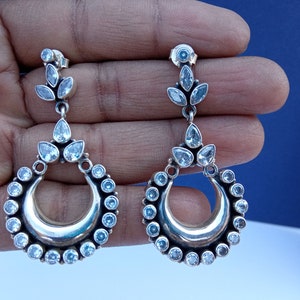 Antique Silver with Zircon Earrings Silver dangling flower earrings, Silver dangle ear hook charm earrings, boho rock hippie Like a diamond.