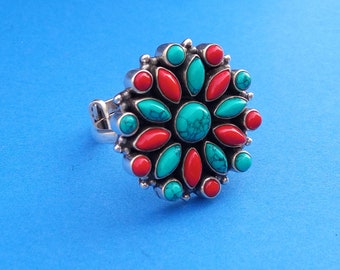 Anillo de plata de ley con coral y turquesa: Anillo tibetano con montura