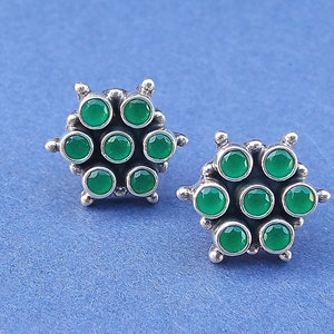 Stud Earrings -Flower Stud Green Onyx,Indian Silver jewelry Studs, Traditional Earrings,Handmade Studs, Gift  for him,Personalized Gifts.