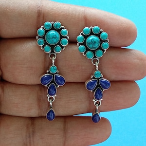Pendientes colgantes de lapislázuli turquesa. Pendientes de lapislázuli turquesa. Pendientes ovalados de filigrana. Joyas pintadas a mano. Pendientes polvorientos.
