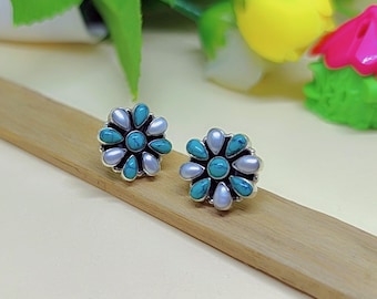 Turquoise & Pearl Flower Earrings: Sterling Silver Floral Studs