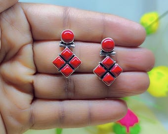925 Sterling Silver Coral Earrings: Red Boho Studs