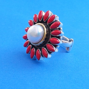 Genuine Natural Coral Stone Ring, Stone Stacking Ring, Summer Jewelry, Sterling Silver Gemstone Ring,Ring coral &pearl Ring, Vintage Gift.
