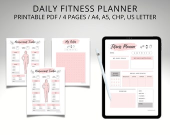 Daily Fitness Planner Printable: Workout Log, Body Measurement Chart (PDF)