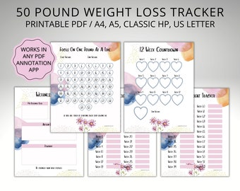 Weight Loss Tracker Printable 50 lbs, Digital Weight Loss Chart, Weight Loss Motivation, Goal Tracker, Weekly Weigh In, 12 Week Countdown