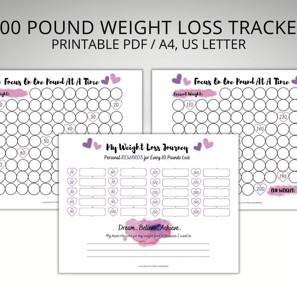 Printable Weight Loss Tracker, 200 Pounds, Weight Loss Journal, Motivational Wall Chart, Reward Chart