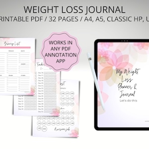 Afdrukbare gewichtsverliesdagboekplanner, digitale gewichtsverliestracker, wekelijkse weging, meettracker, dagelijkse trainingsgrafiek, voedsellogboek
