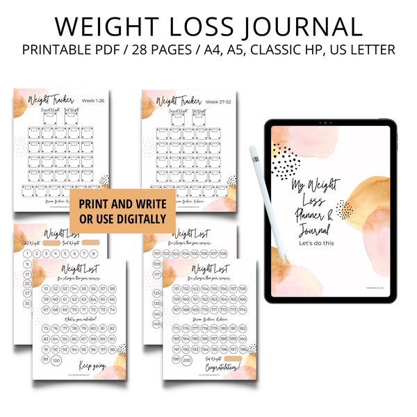 Weight Loss Journal, Digital Weight Loss Tracker, Weekly Weigh In, Measurement Tracker, Daily Exercise Chart, Food Log