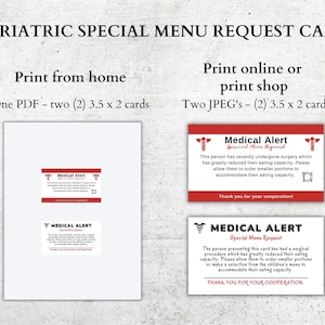 Cartão de solicitação de menu especial para cirurgia bariátrica, cartão de refeição bariátrica, manga gástrica alerta médico para impressão