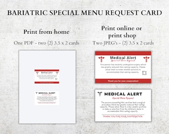 Carte de demande de menu spécial chirurgie bariatrique, carte de repas bariatrique, alerte médicale imprimable pour manchon gastrique
