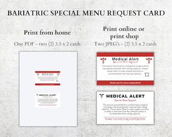 Bariatric Surgery Medical Alert Card: Special Menu Request (Printable PDF)