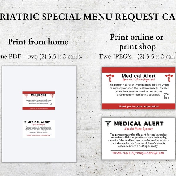 Bariatric Surgery Special Menu Request Card, Bariatric Meal Card, Gastric Sleeve Printable Medical Alert