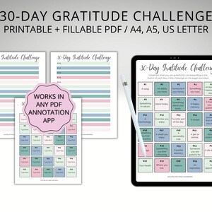 30-daagse dankbaarheidsuitdaging, dagelijks dankbaarheidsdagboek, mindfulnessplanner, zelfzorgtracker, digitaal bestand