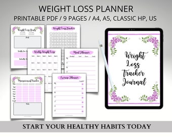 Weight Loss Tracker Journal: Weekly Weigh-In, Meal & Exercise Planner (Digital Download)