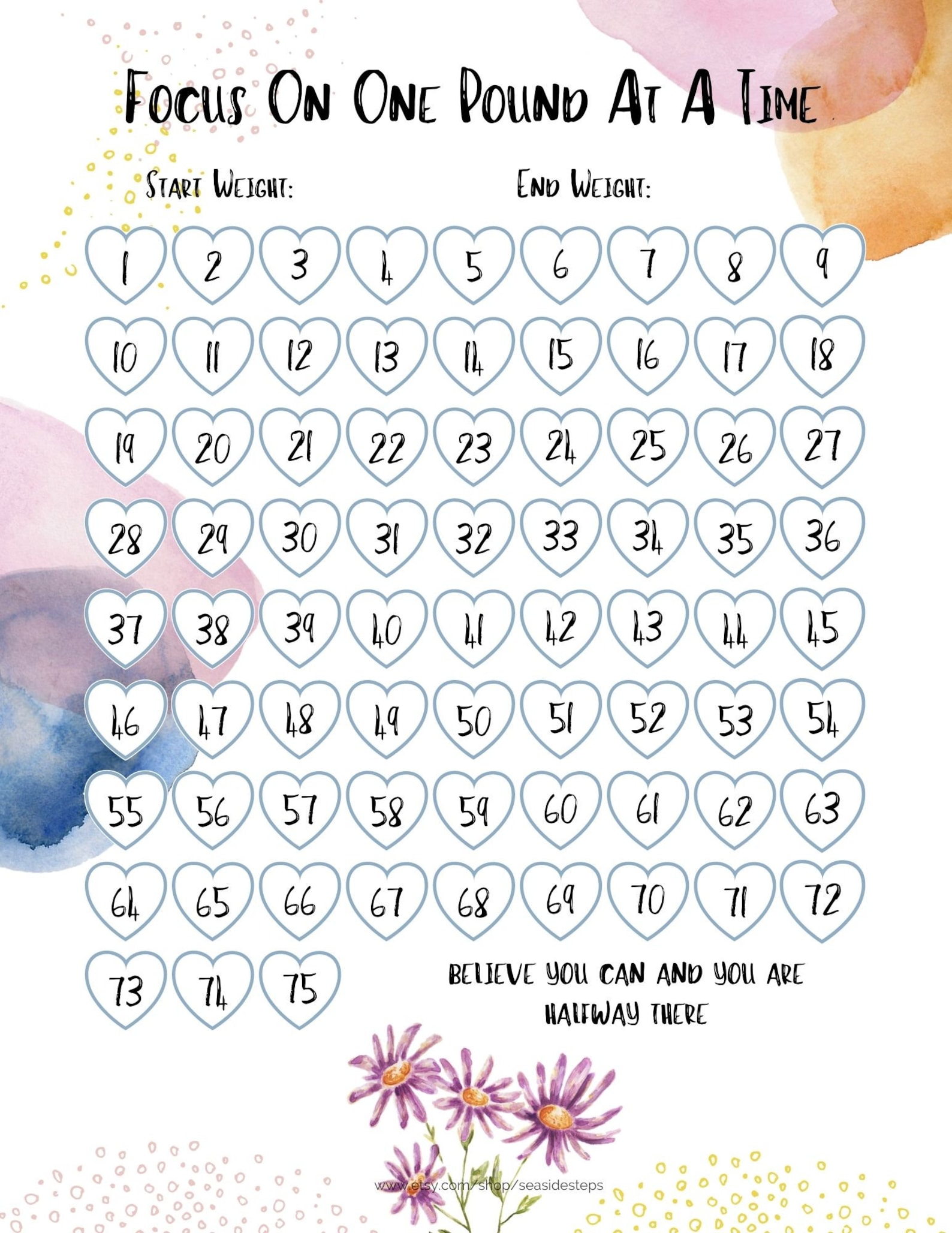 Weight Loss Tracker Printable 75 lbs Digital Weight Loss | Etsy