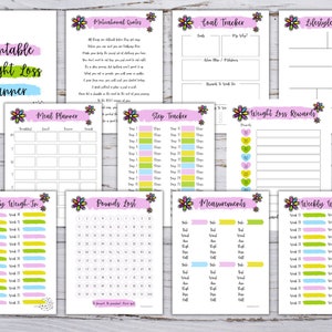 May include: Printable weight loss planner with colorful floral designs. Includes sections for meal planning, step tracking, weekly weigh-ins, pounds lost, measurements, and weight loss rewards.