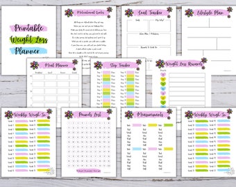 Weight Loss Journal Printable: Rainbow Tracker, Meal Planner (Digital Download)