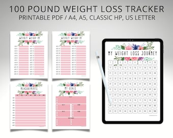 100 lb Weight Loss Tracker: Printable Journal, Weekly Weigh-In (Digital Download)