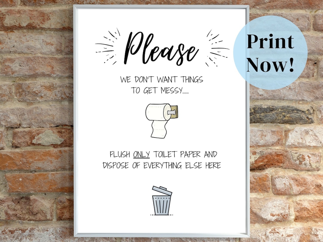 Flush Only Toilet Paper Sign, Airbnb Toilet Sign, Ready to Print at Home Printable Bathroom Sign