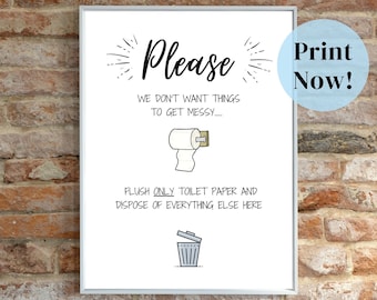 Flush Only Toilet Paper Sign, Airbnb Toilet Sign, Ready to Print at Home Printable Bathroom Sign, Airbnb Host Help, Entrepeneur Holiday Gift