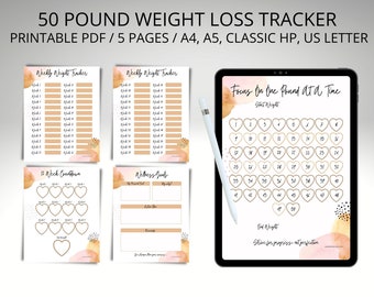 Weight Loss Tracker Printable 50 lbs, Digital Weight Loss Chart, Weight Loss Motivation, Goal Tracker, Weekly Weigh In, 12 Week Countdown