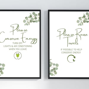 Airbnb Sign Bundle, Turn Off Lights Sign and A/C, Reuse Towels, Airbnb Host Printable Set, Conserve Energy, 5x7, 8x10