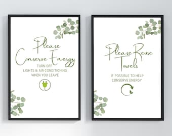 Airbnb Sign Bundle, Turn Off Lights Sign and A/C, Reuse Towels, Airbnb Host Printable Set, Conserve Energy, 5x7, 8x10
